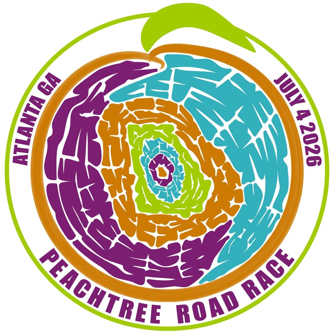 T-shirt design: a round Peachtree Road Race, Atlanta, July 4 2026 emblem with a purple, orange and teal pattern