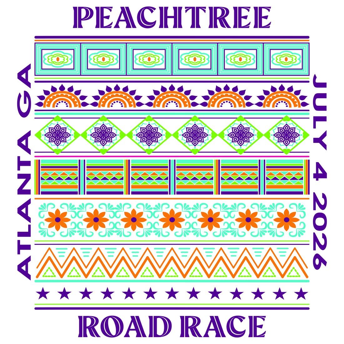 T-shirt design: Peachtree Road Race, Atlanta, July 4 2026 in purple lettering with a colorful geometric border
