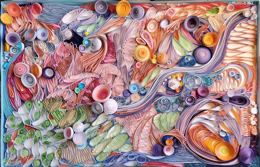 Orange in the Morning: a wide panel of layered paper in peach, orange, pink, teal and lime quilled shapes